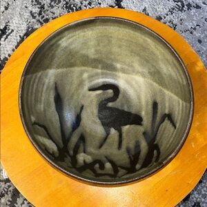 Handcrafted Pond Pottery Collection by Ghita Levin Ceramic Bowl w/ Heron Design